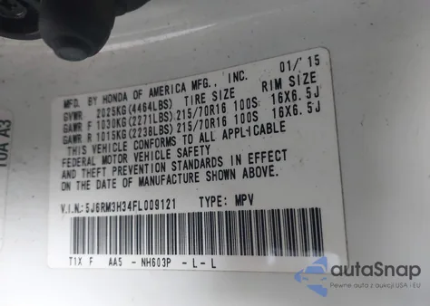 2015 Honda Cr-V Lx z USA, uszkodzony, nr VIN 5J6RM3H34FL009121